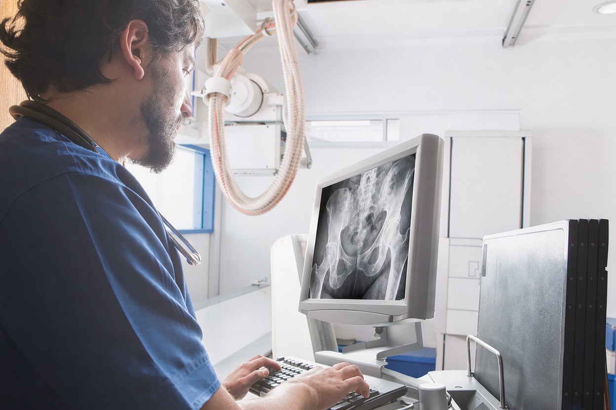 A radiologist reviewing a pelvic X-ray